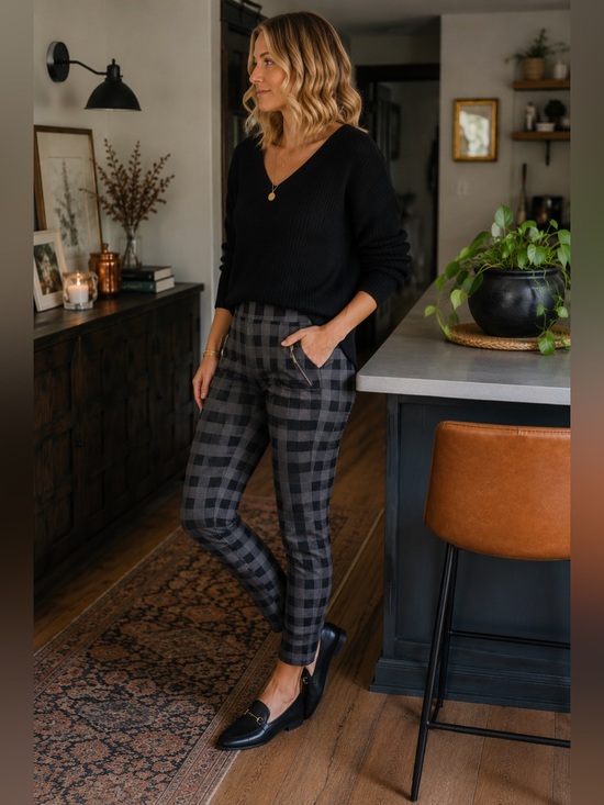 Coco + Carmen Pants - Coco + Carmen Gray Buffalo Plaid Pull On Pants XXL Stretch Zip Pockets